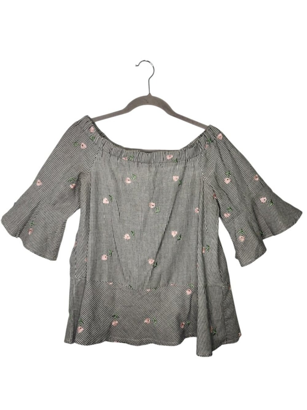 Tassels N Lace Striped Bow Back Off Shoulder Embroidered Blouse Size Medium